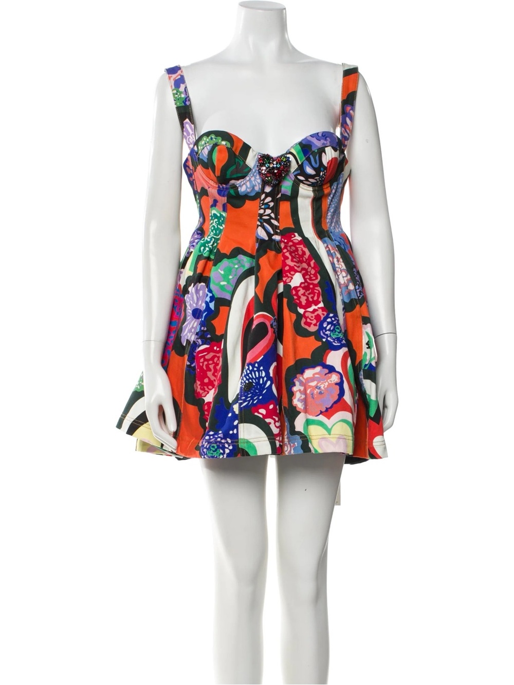 A R E A - heart printed denim godet mini dress